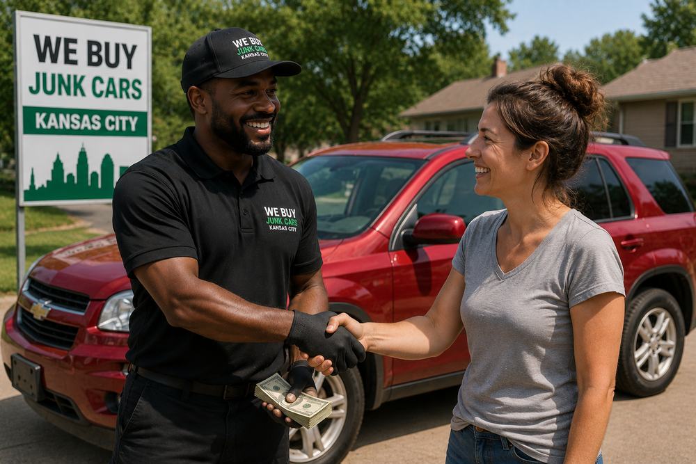 We buy junk cars Kansas City — buyer counting out cash for a junk car beside the seller's red SUV