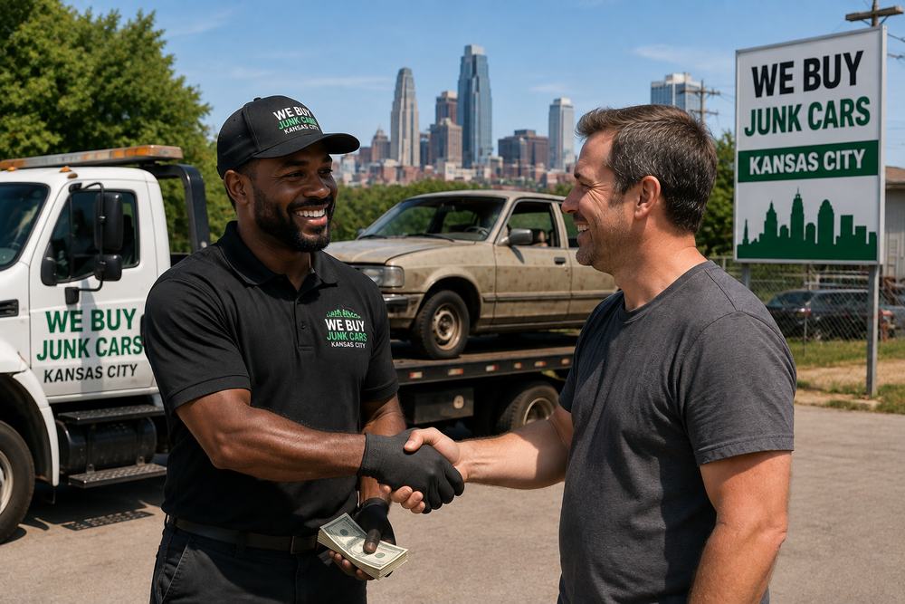 We buy junk cars Kansas City — branded flatbed tow truck loading a junk car with the KC skyline behind, buyer paying the seller cash